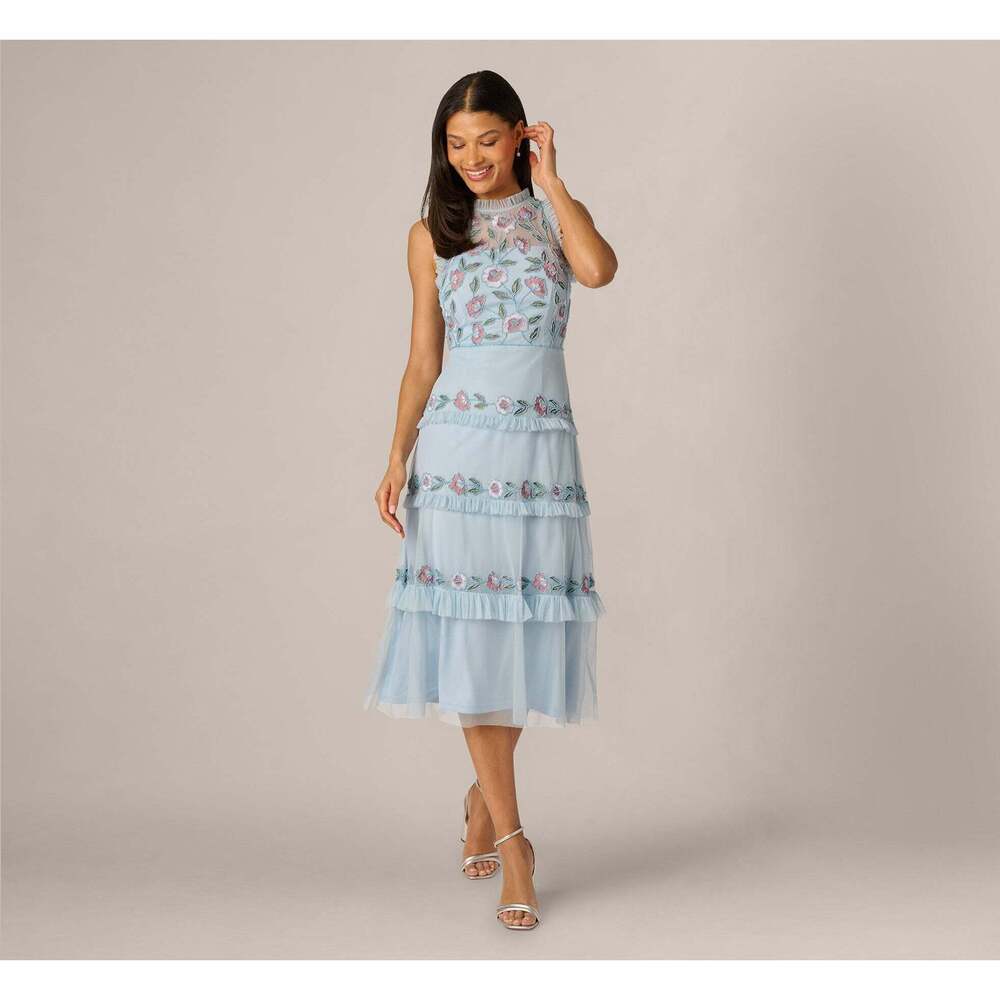 NWT: Adrianna Papell Sleeveless Floral Beaded Embroidery Ruffle Midi Dress